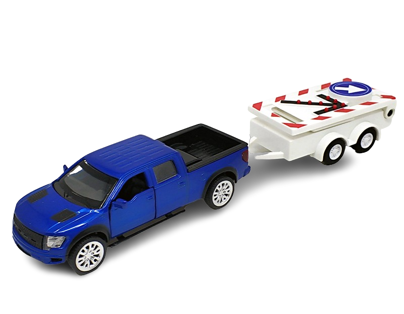 Kovový model - 1:52 Ford F-150 SVT Raptor se silničním výstražným vozíkem