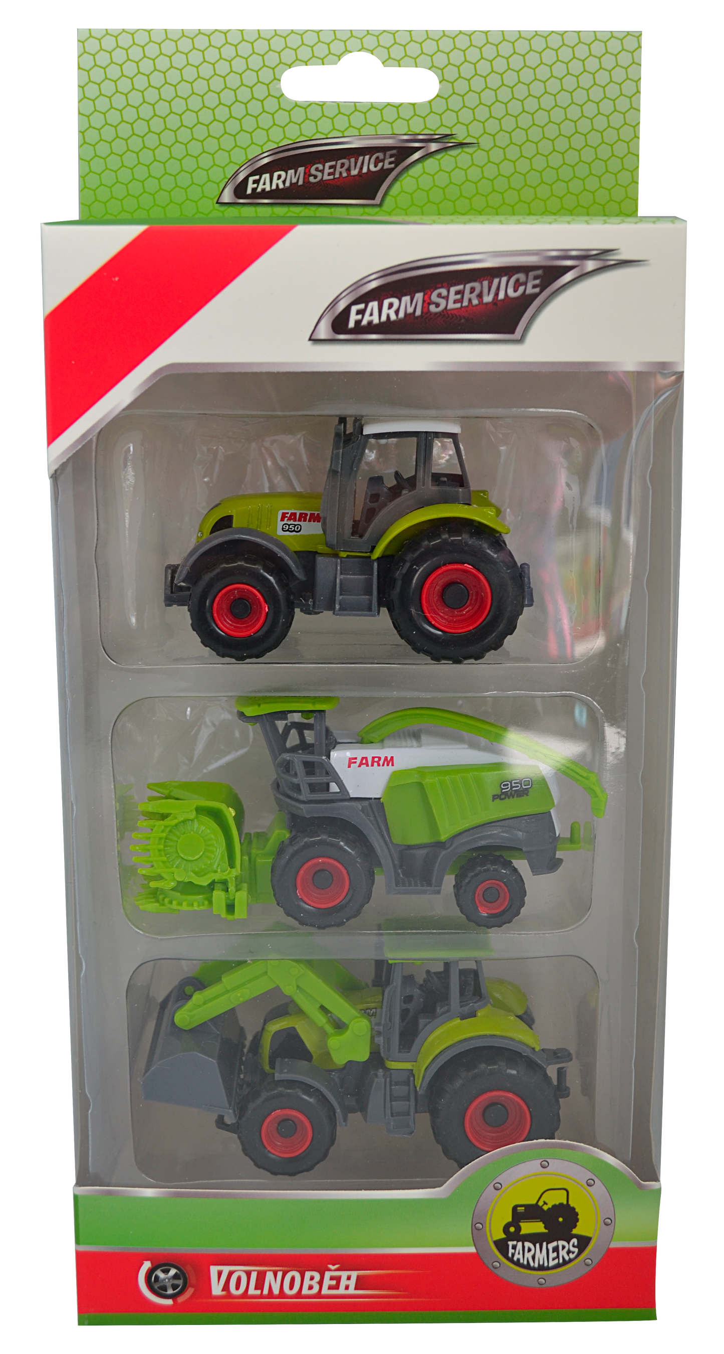 FARM SERVICE - Set zemědělských strojů: traktor, kombajn, traktor s čelním nakladačem 1:64