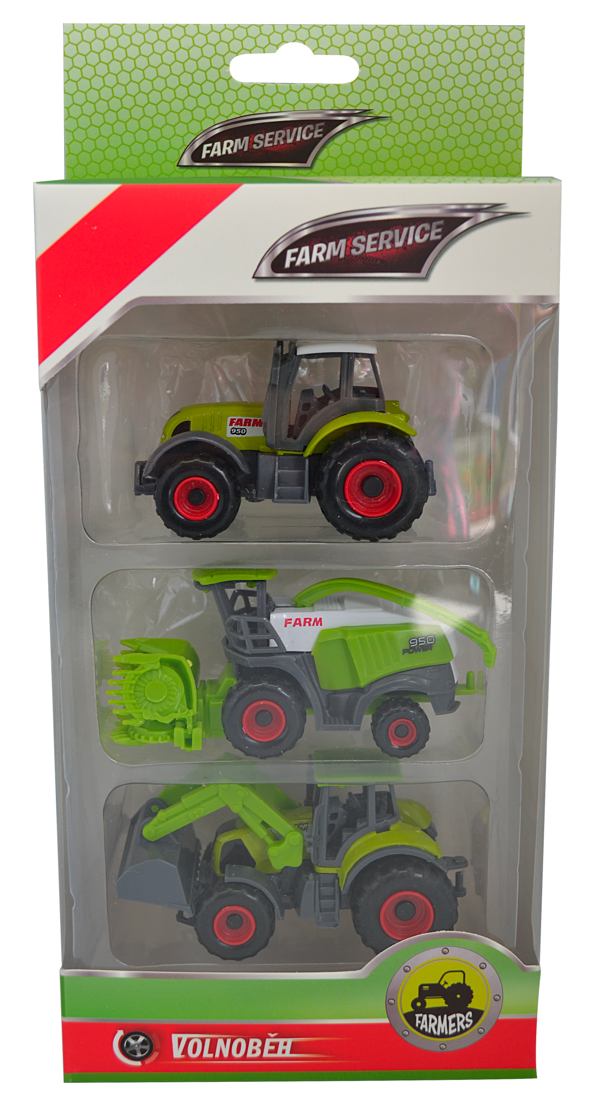 FARM SERVICE - Set zemědělských strojů: traktor, kombajn, traktor s čelním nakladačem 1:64