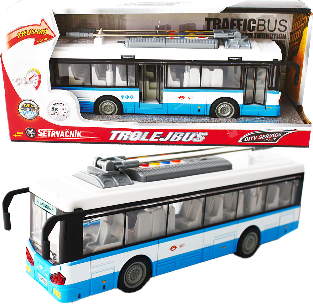 Městský trolejbus na setrvačník s osvětlením a zvukem - modrý