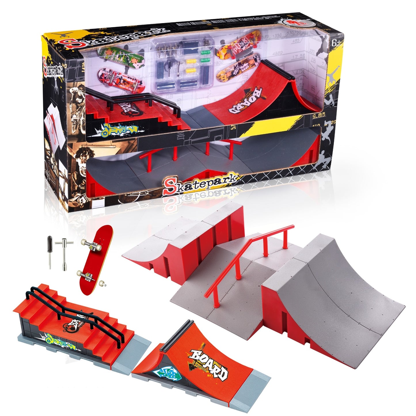 SKATEPARK Set XL – Street Moduly s Rail Schodištěm a 2 Fingerboardy