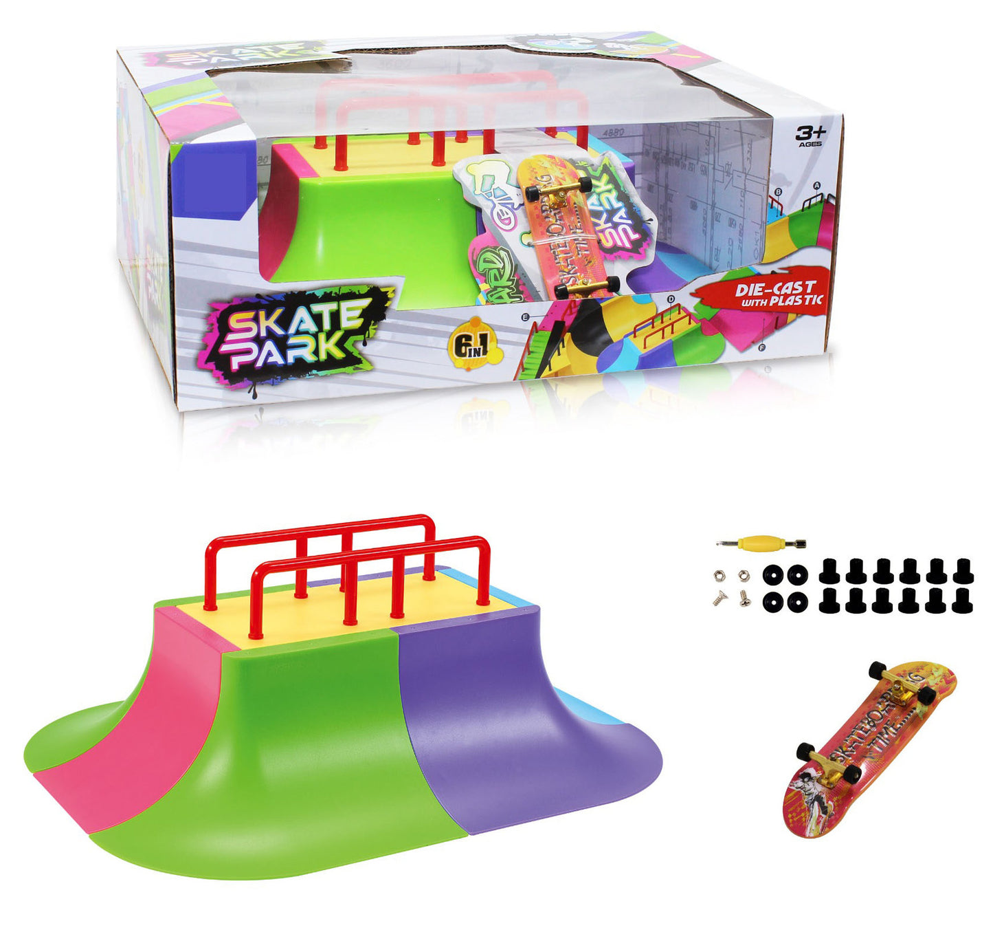 SKATEPARK Modulární Set 6v1 s Multi-Rail Platformou a Fingerboardem