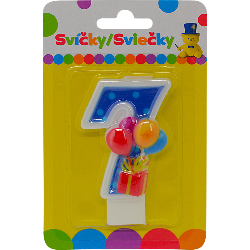 Narozeninová svíčka s balónky a číslem 7.