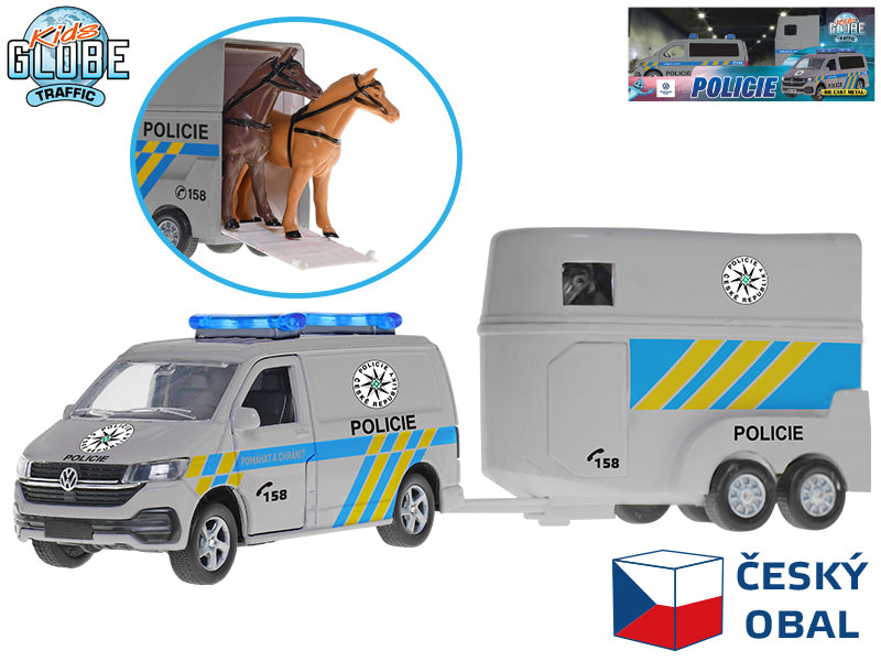 Kids Globe Traffic VW policejní dodávka CZ design 28cm kov zpětný chod s přívěsem v krabičce
