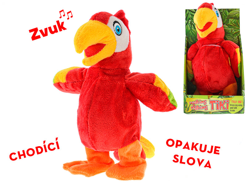 Papoušek plyšový chodící a opakující slova 20cm na baterie 12m+ v krabičce