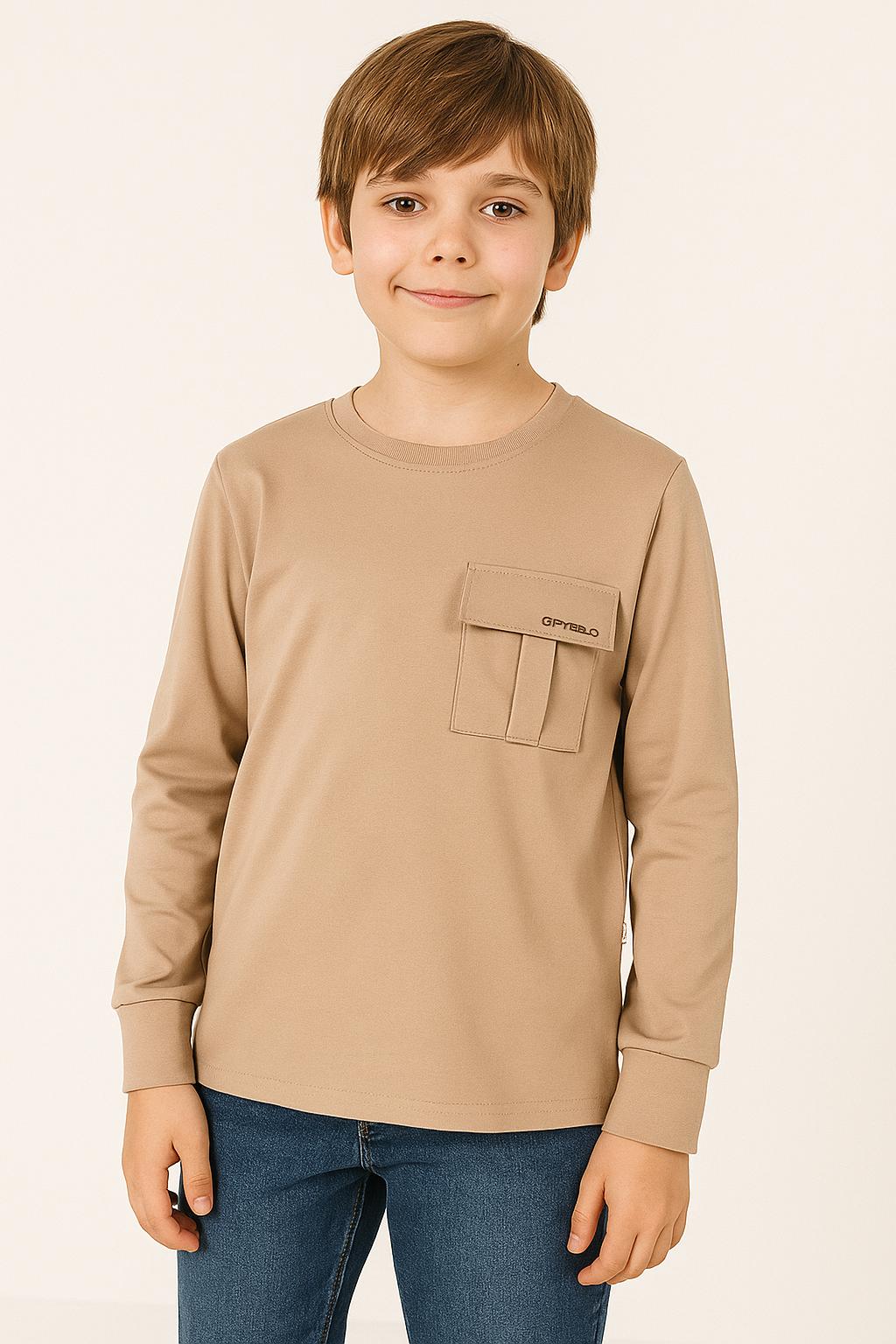 Chlapecké tričko s dlouhým rukávem a kapsou – béžové