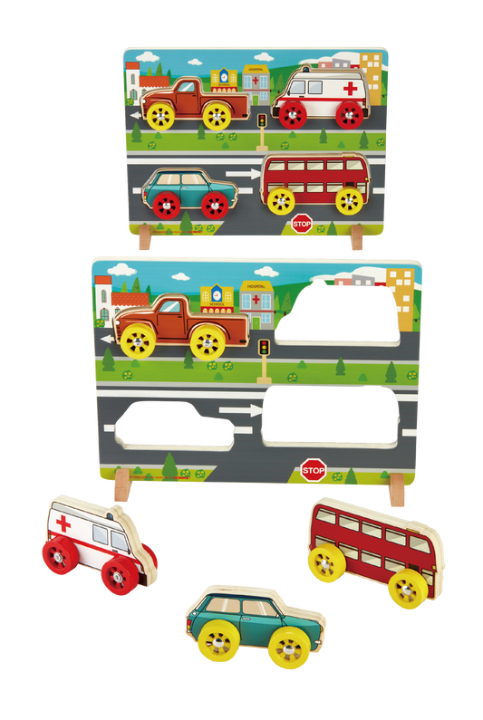 BABU - Dřevěné puzzle autíčka - sada 4 ks
