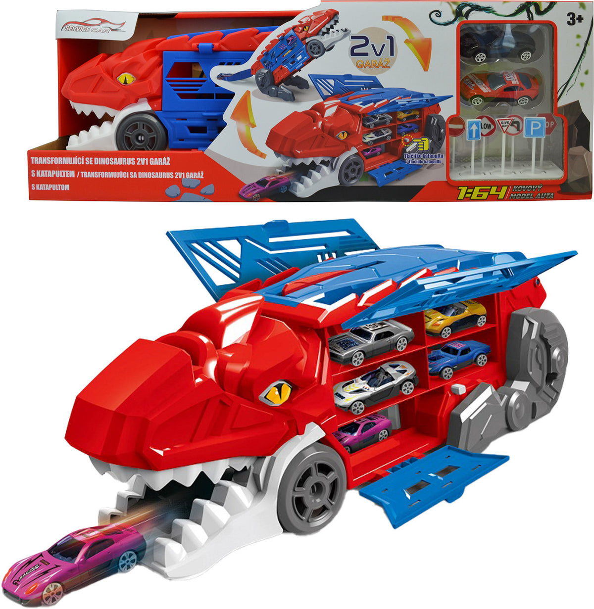 Transformující se dinosaurus 2v1 garáž s katapultem