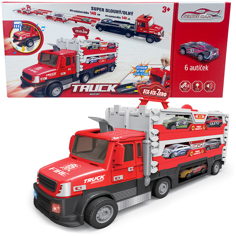 Hasičský TRUCK 2v1 se světlem a zvukem a 6 auty