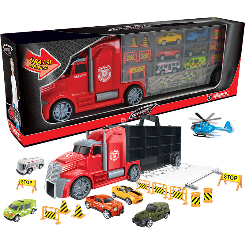 CITY SERVICE CAR - 1:16 Tahač s auty a vrtulníkem 55 cm
