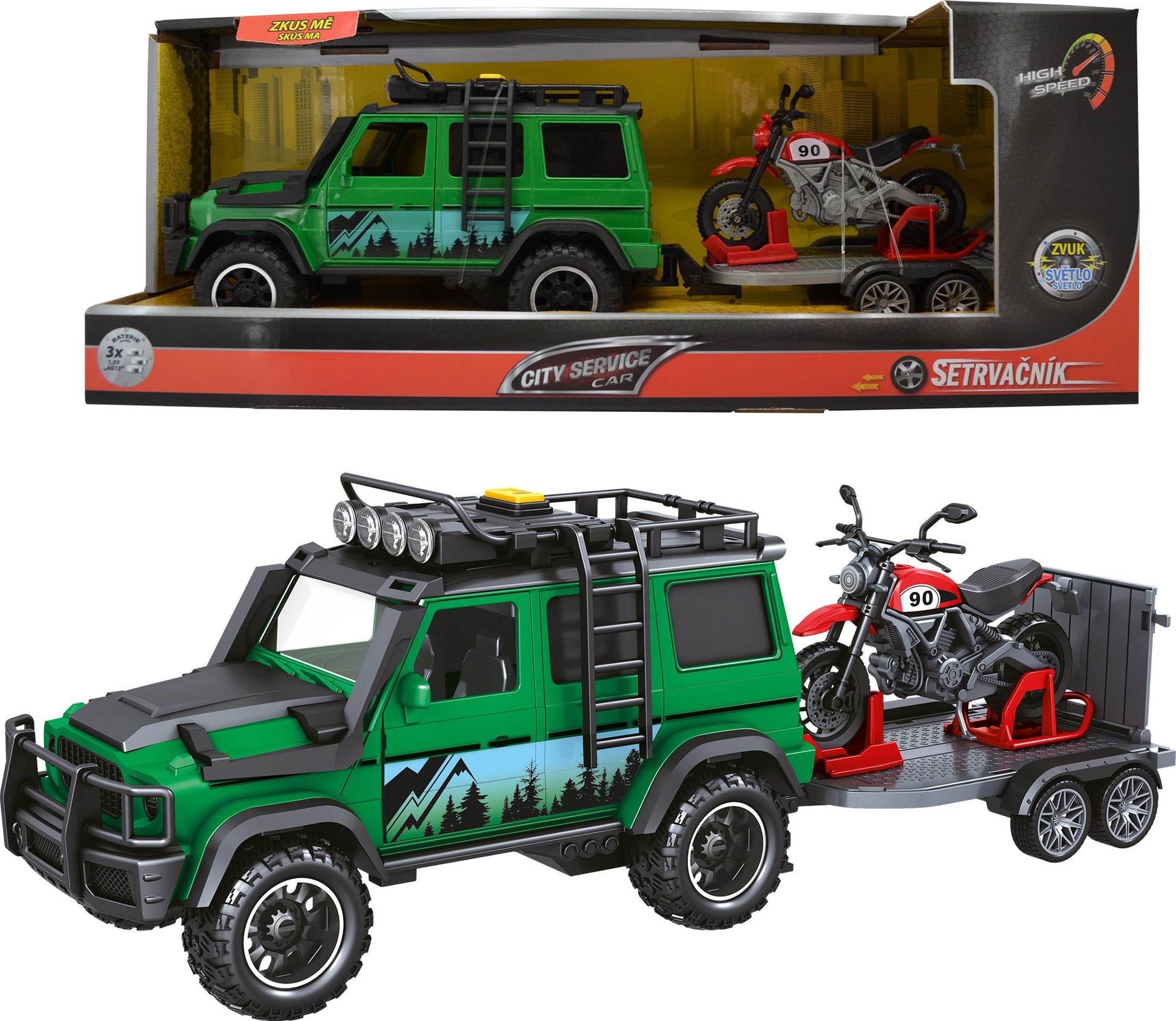 CITY SERVICE CAR - 1:14 - Vozidlo lesní stráže s přívěsem a motorkou (se zvukem a světly)