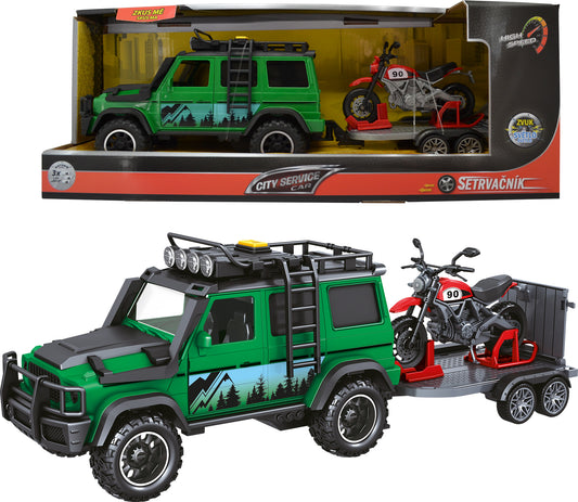 CITY SERVICE CAR - 1:14 - Vozidlo lesní stráže s přívěsem a motorkou (se zvukem a světly)