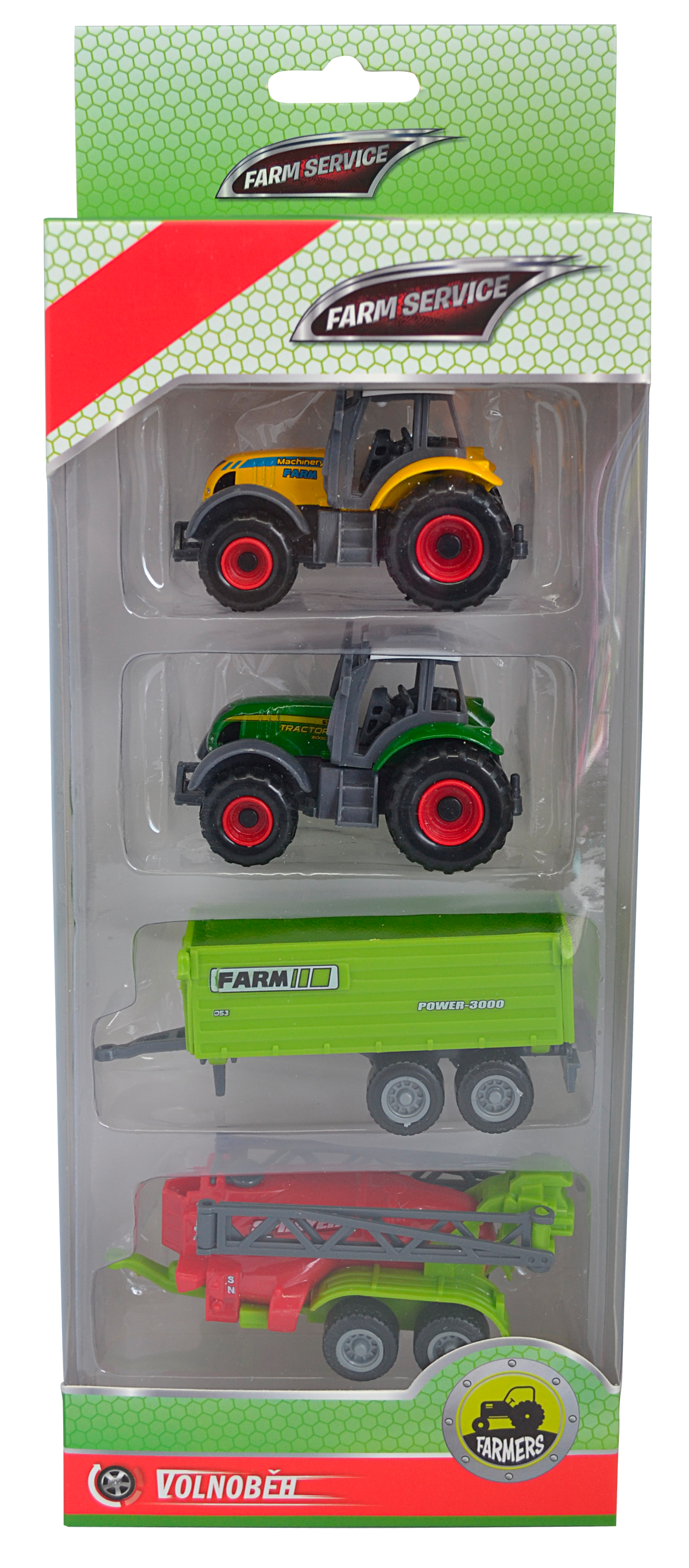 FARM SERVICE - Set zemědělských strojů: 2x traktor, valnik, postřikovač 1:64
