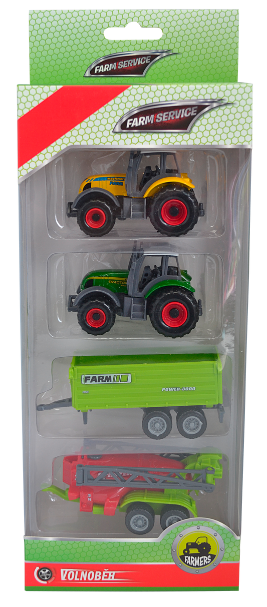 FARM SERVICE - Set zemědělských strojů: 2x traktor, valnik, postřikovač 1:64