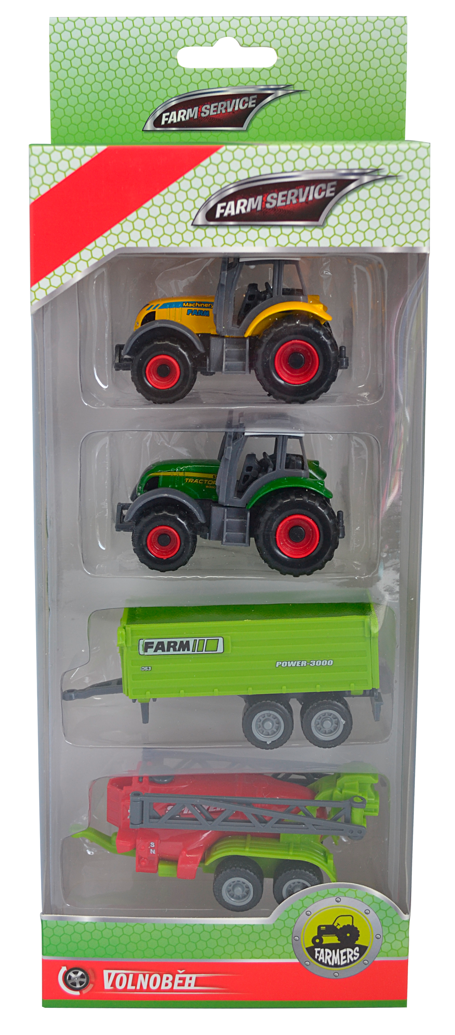 FARM SERVICE - Set zemědělských strojů: 2x traktor, valnik, postřikovač 1:64