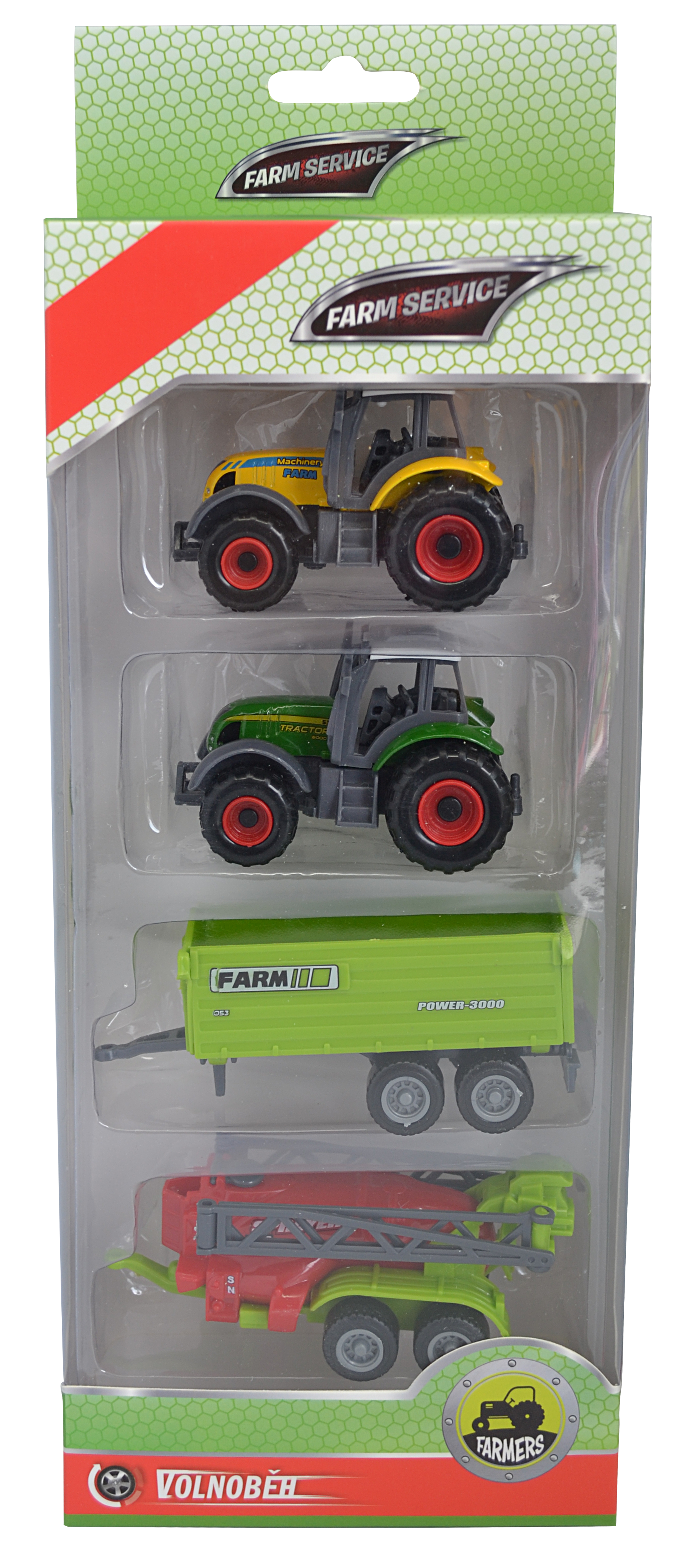 FARM SERVICE - Set zemědělských strojů: 2x traktor, valnik, postřikovač 1:64