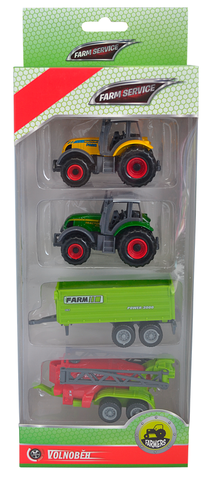 FARM SERVICE - Set zemědělských strojů: 2x traktor, valnik, postřikovač 1:64