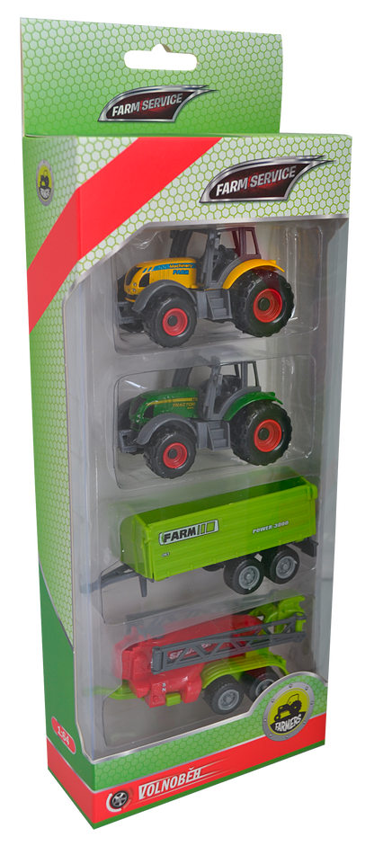FARM SERVICE - Set zemědělských strojů: 2x traktor, valnik, postřikovač 1:64 - Image 2