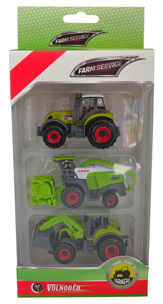 FARM SERVICE - Set zemědělských strojů: traktor, kombajn, traktor s čelním nakladačem 1:64