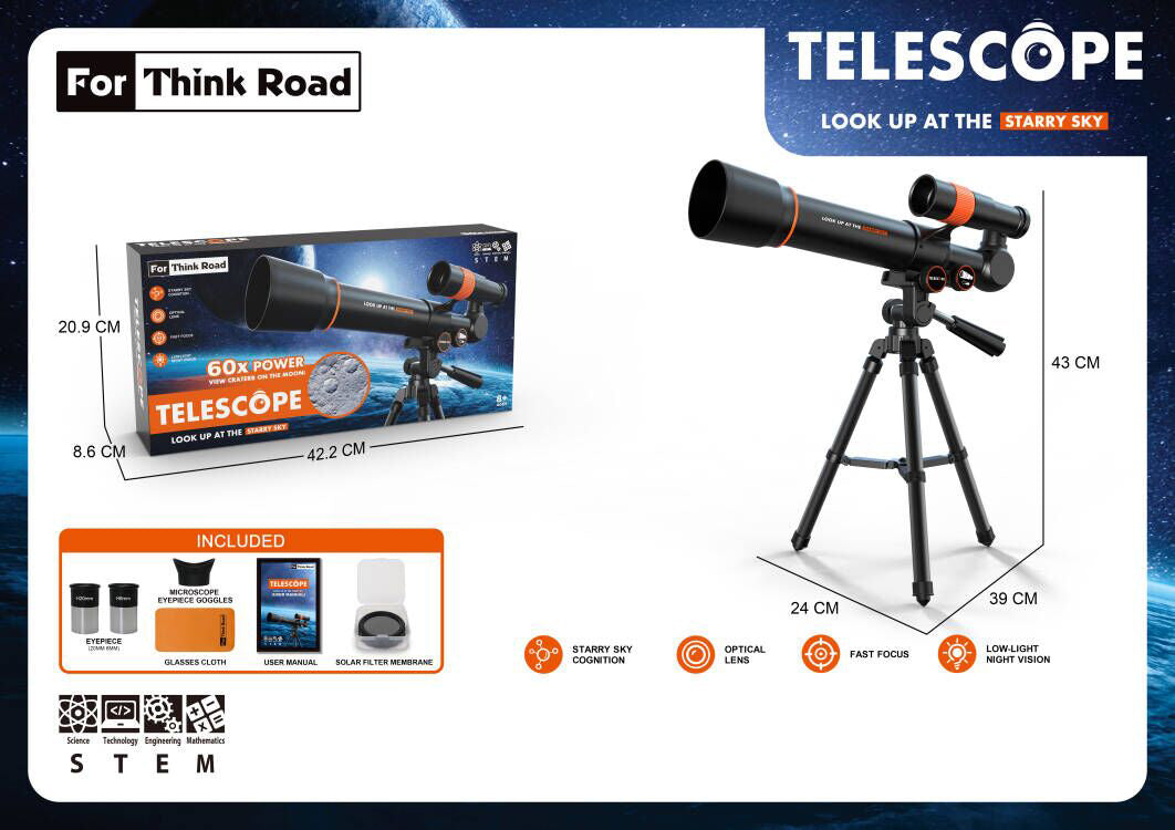 Hvězdářský teleskop pro děti s příslušenstvím – 60x zvětšení, černý