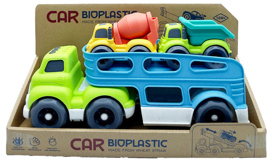 Bioplastový Truck – Přepravník a dvě autíčka (žlutá míchačka, zelený sklápěč) 37 cm