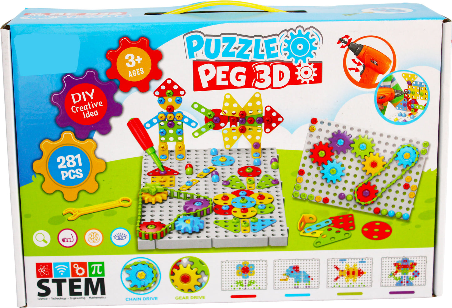 Kreativní 3D stavebnice s vrtačkou Puzzle Peg - 281 dílků