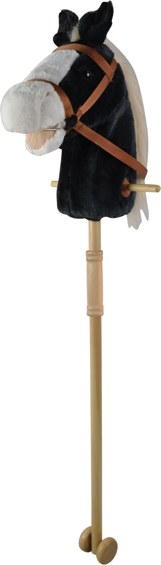 Černý Hobby Horse 95 cm, se zvukem koně. S kolečky, odnímatelná dřevěná tyč