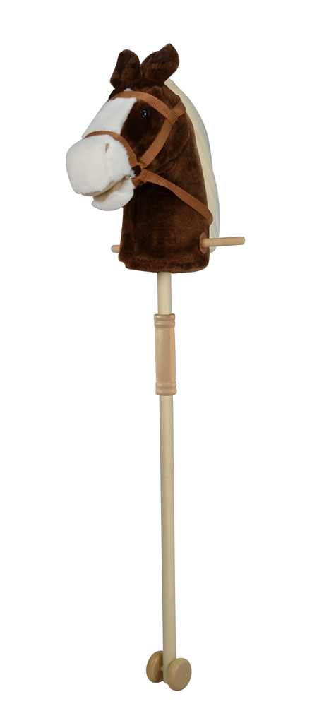 Hnědý kůň na tyči 95 cm, se zvukem koně. S kolečky, odnímatelná dřevěná tyč