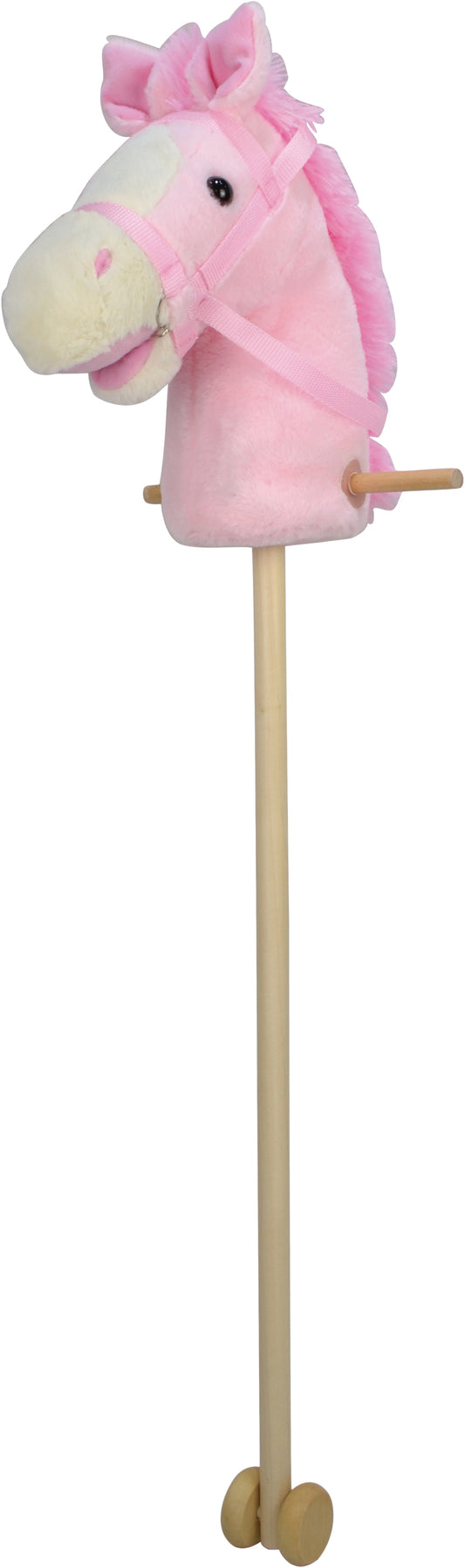Růžový Hobby Horse 95 cm, se zvukem koně. S kolečky, odnímatelná dřevěná tyč