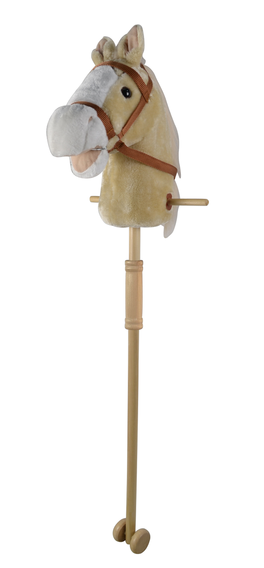 Béžový Hobby Horse 95 cm, se zvukem koně. S kolečky, odnímatelná dřevěná tyč