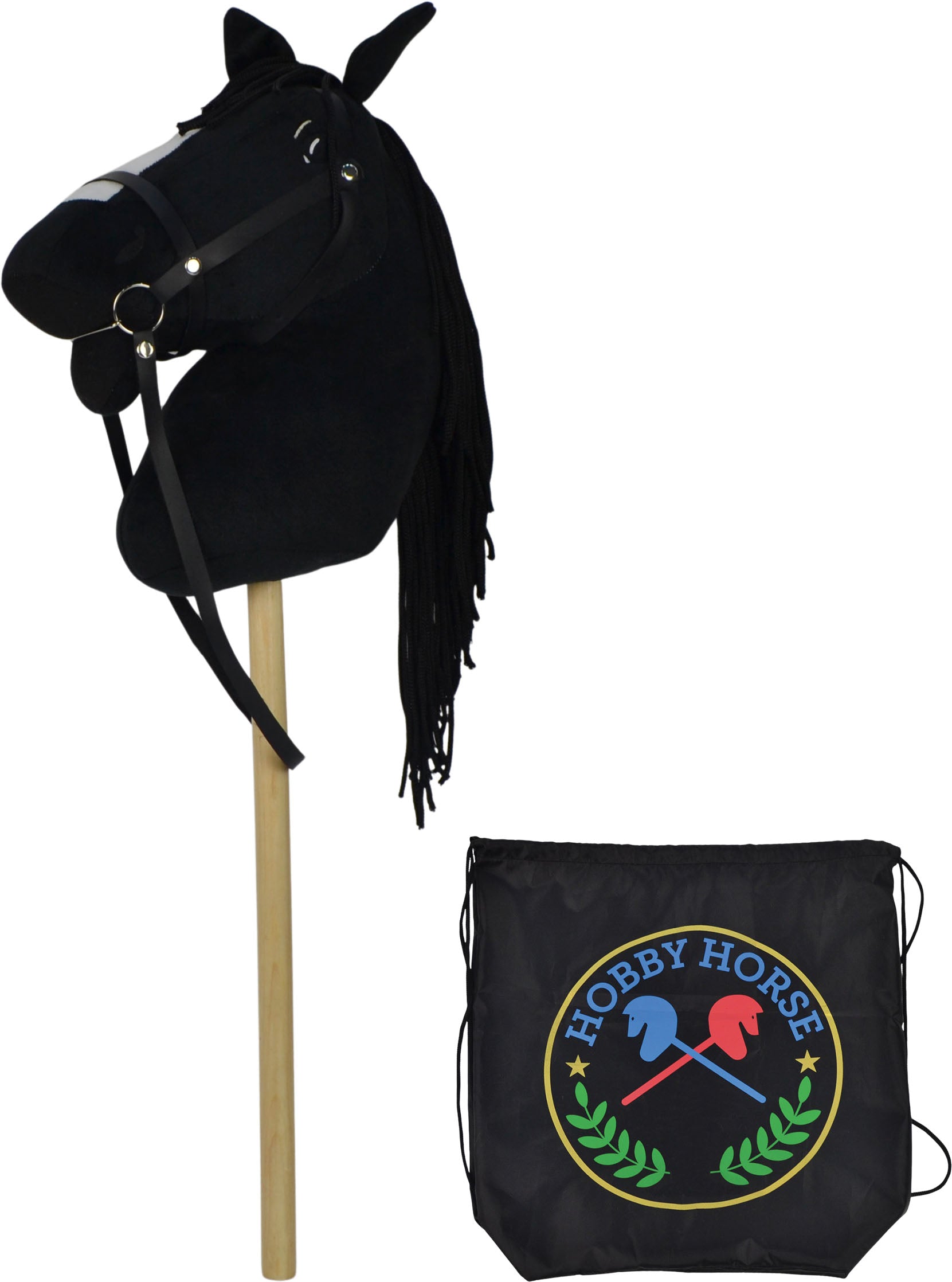 Černý Hobby Horse 73 cm, s černým batohem, se zvukem koně