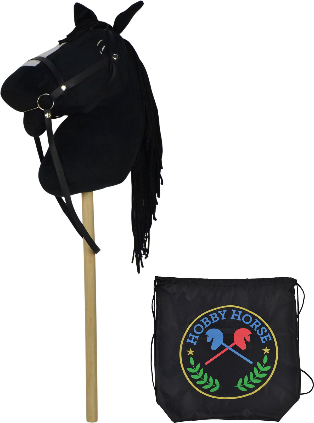 Černý Hobby Horse 73 cm, s černým batohem, se zvukem koně