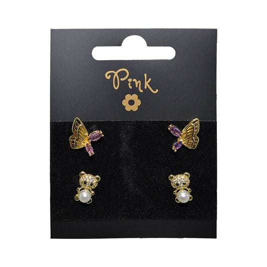 Pozlacené náušnice SET 4 ks MEDVÍDEK a MOTÝL