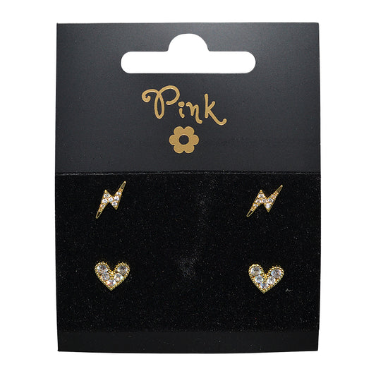 Pozlacené náušnice SET 4 ks SRDCE a BLESK