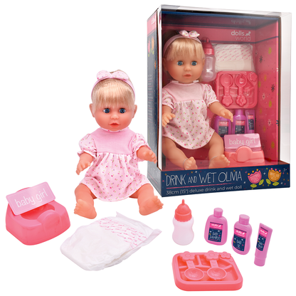 Dolls World - Panenka Olivia 38 cm pije a čůrá + příslušenství