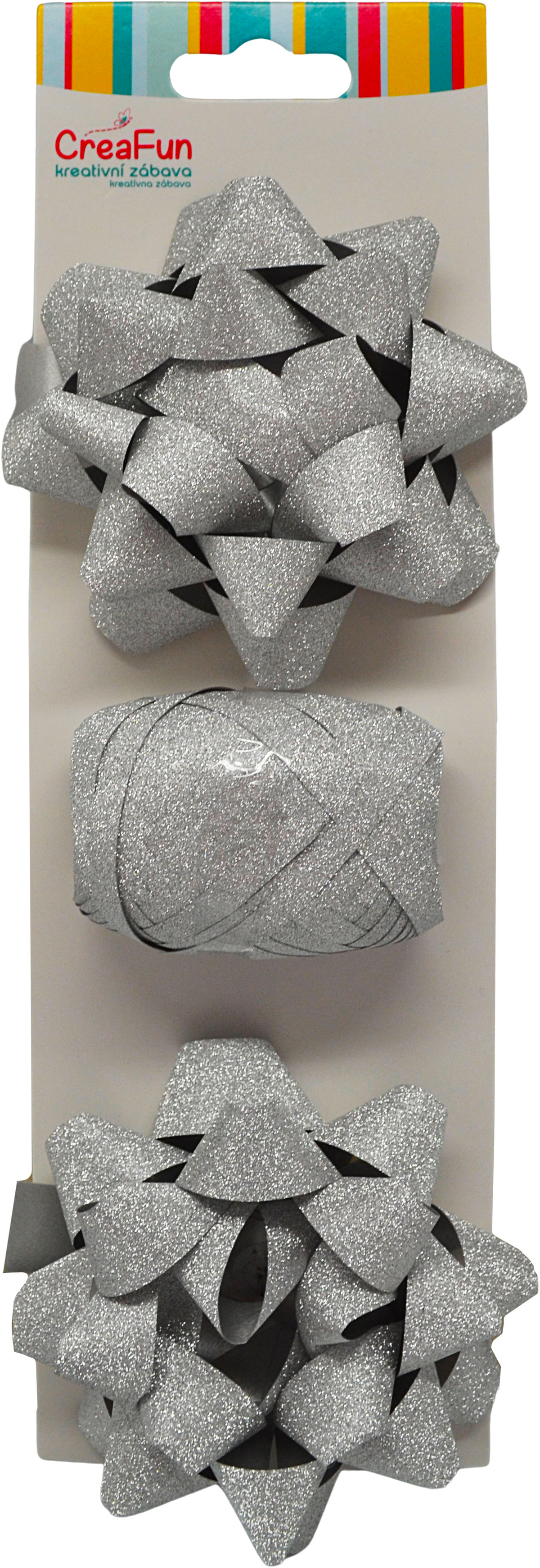Třpytivá dárková balicí sada, stříbrná (stuha 10 m + 2x mašle hvězda 9 cm)