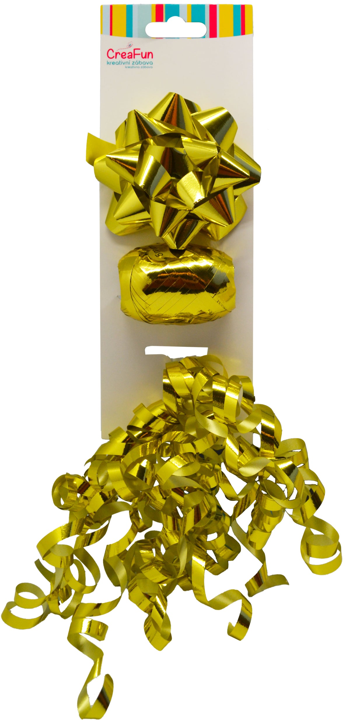 Dárková sada metalická zlatá, 3 ks (mašle 9 cm, stuha 10 m, mašlička 6 mm)
