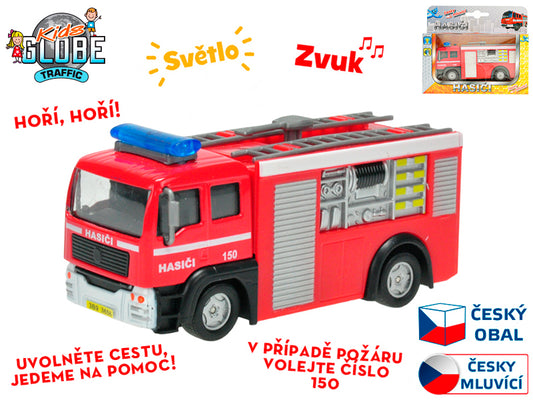 Kids Globe Traffic hasiči CZ 12cm kov na zpětný chod na baterie česky mluvící se světlem v krabičce