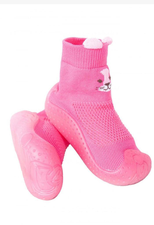 Dívčí růžové protiskluzové ponožky s gumovou podrážkou - zajíček