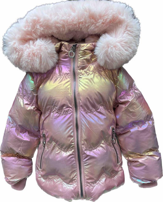 Růžová zimní bunda s naturálním kožíškem - Srdíčko